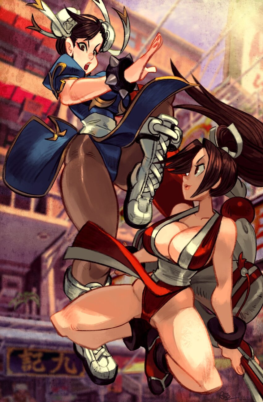 2025 2girls action alex_ahad arm_support bare_shoulders black_hair blue_dress blurry blurry_background boots bow bracelet braid breasts brown_hair building bun_cover capcom china_dress chinese_clothes chinese_text chun-li cleavage collarbone commentary crossover depth_of_field dress english_commentary fatal_fury female_focus floating_hair full_body groin bad_tag bad_tag hair_bun hand_fan highres holding holding_fan japanese_clothes jewelry jumping large_breasts legs_apart looking_at_another midair multiple_girls ninja open_mouth orange_eyes outdoors parted_bangs pelvic_curtain ponytail red_dress rope serious shiranui_mai snk spiked_bracelet spikes street_fighter street_fighter_6 tabi teeth the_king_of_fighters thick_lips thick_thighs thighs thong twin_braids two-tone_gloves upper_teeth_only white_footwear