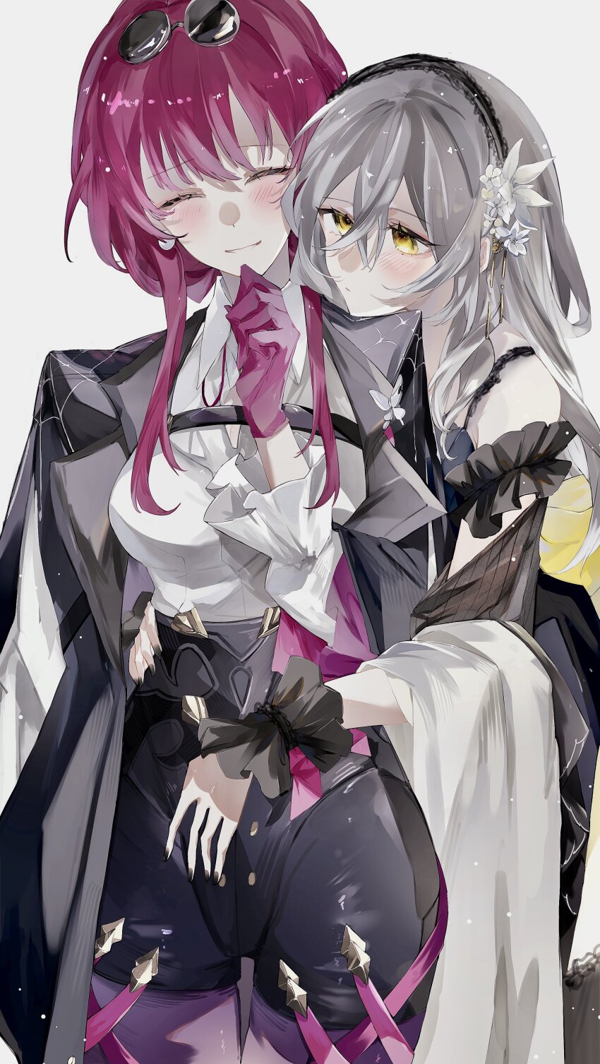 2girls absurdres black_coat black_shorts breasts closed_eyes closed_mouth coat coat_on_shoulders commentary eyewear_on_head flower gloves grey_hair hair_flower hair_ornament hand_on_another&#039;s_waist head_on_another&#039;s_shoulder high-waist_shorts highres honkai:_star_rail honkai_(series) kafka_(honkai:_star_rail) large_breasts light_particles long_hair multiple_girls purple_gloves purple_hair shirt shorts simple_background smile stelle_(honkai:_star_rail) sunglasses trailblazer_(honkai:_star_rail) tugu_pi white_background white_flower white_shirt yellow_eyes yuri