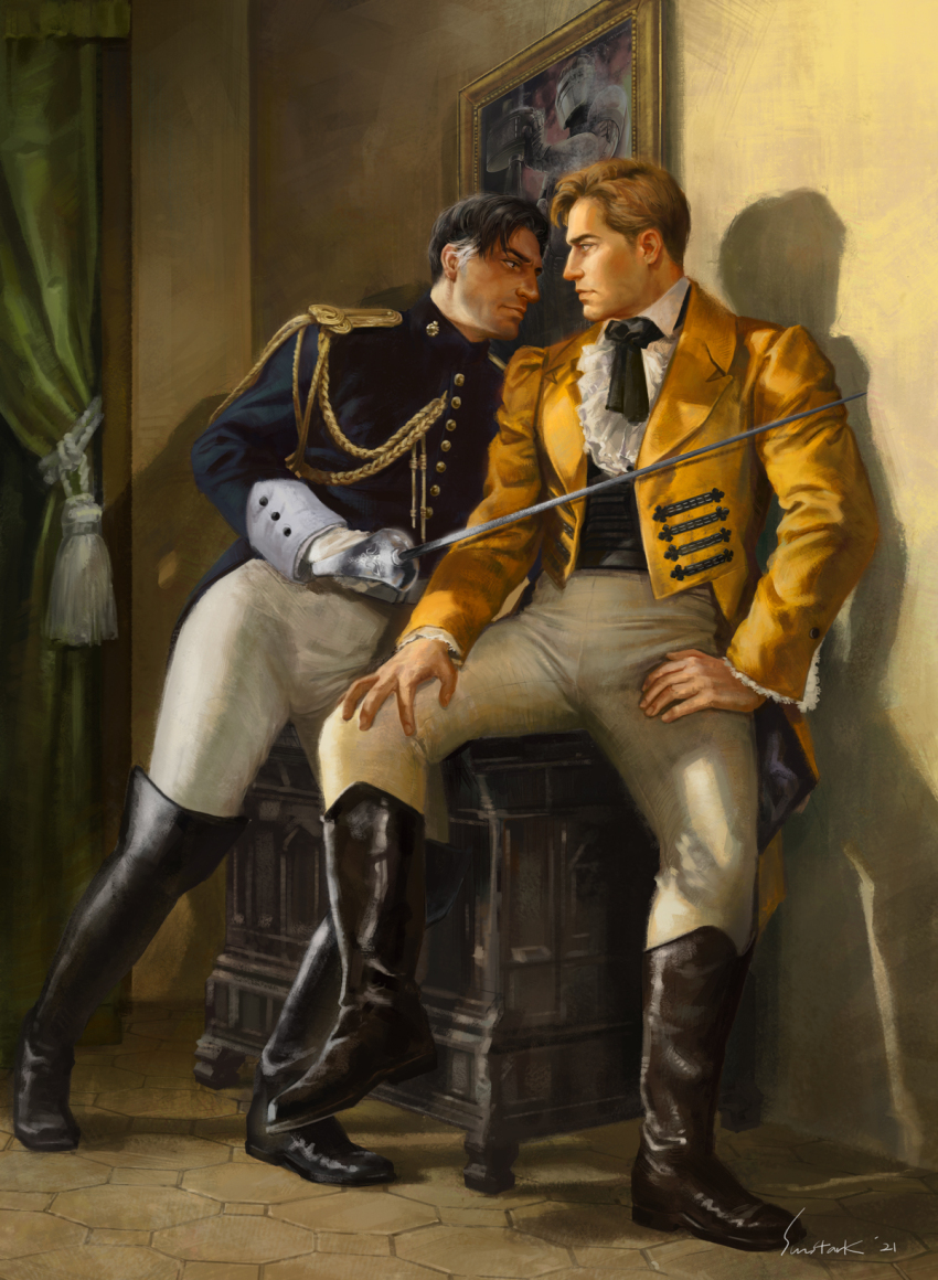 2boys aiguillette alternate_costume ascot black_hair black_ribbon black_shirt blonde_hair blue_jacket boots buttons chest_of_drawers closed_mouth collared_shirt commentary curtains doc_(rainbow_six_siege) eye_contact full_body gloves grey_hair hand_on_own_thigh highres holding holding_sword holding_weapon jacket lapels layered_sleeves lion_(rainbow_six_siege) long_sleeves looking_at_another male_focus multiple_boys neck_ribbon open_clothes open_jacket painting_(object) pants rainbow_six_siege ribbon shadow shirt sideburns signature sitting sleeve_cuffs sun_stark sword tachanka_(rainbow_six_siege) weapon white_ascot white_gloves white_pants wing_collar yellow_jacket