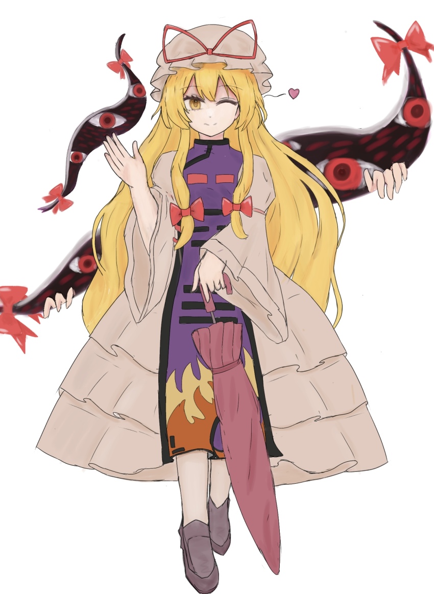 1girl 83mkneinlsqmebq blonde_hair bow closed_mouth closed_umbrella dress flame_print gap_(touhou) hair_bow hat hat_ribbon heart highres holding holding_umbrella long_hair long_sleeves looking_at_viewer mob_cap one_eye_closed purple_tabard red_bow red_ribbon ribbon shoes simple_background smile solo tabard touhou umbrella very_long_hair white_background wide_sleeves yakumo_yukari yellow_eyes