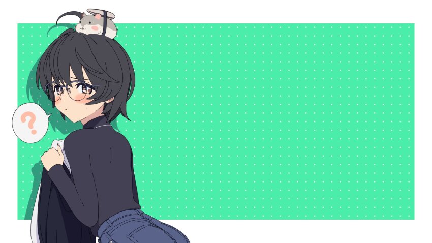 +_+ 1girl 3d ? ahoge animal animal_on_head artist_request black_hair blender_(medium) blue_shorts blush border bright_pupils brown_eyes cel_rendering closed_mouth commentary_request cowboy_shot dot_mouth dot_nose dotted_background from_behind glasses green_background hand_up highres holding holding_hoodie holding_unworn_clothes long_sleeves looking_at_viewer looking_back on_head outside_border rin_(rinrinne) rinrinne semi-rimless_eyewear shadow short_hair shorts simple_background solo speech_bubble spoken_question_mark standing sweatdrop turtleneck virtual_youtuber white_border white_pupils