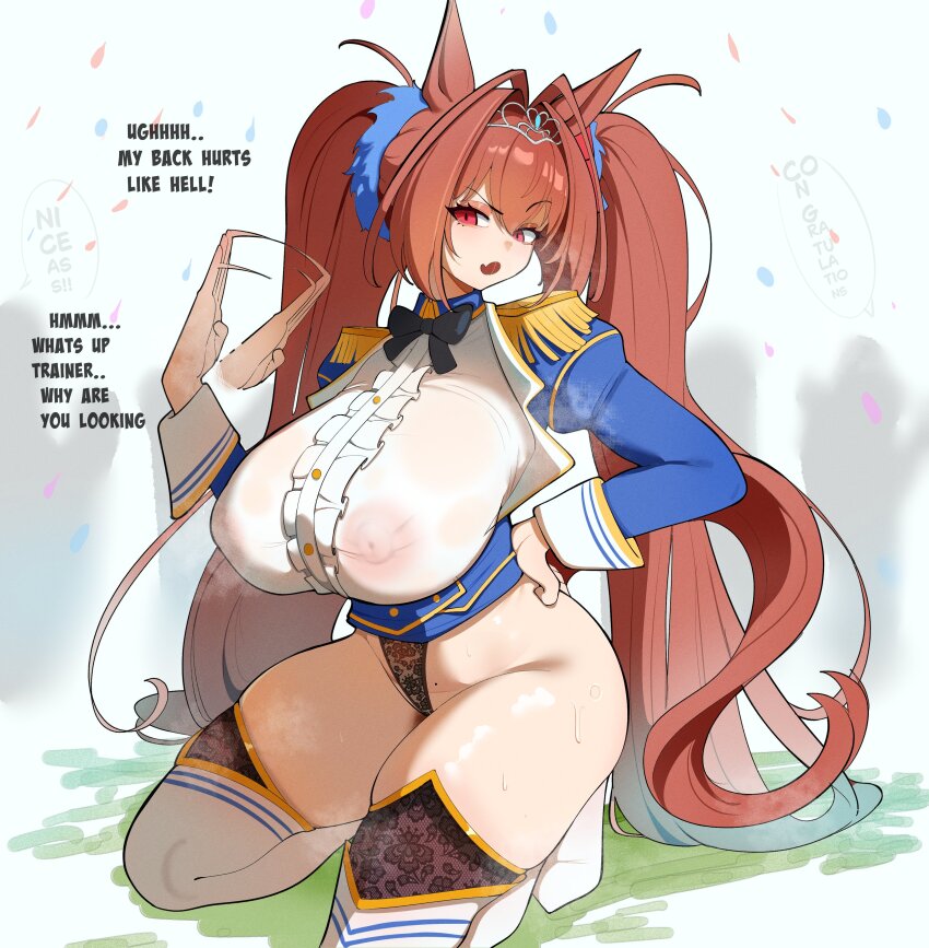 1girl absurdres animal_ears black_bow black_bowtie black_thighhighs blue_jacket boots bow bowtie breasts brown_hair brown_tail bullxon center_frills daiwa_scarlet_(peak_blue)_(umamusume) daiwa_scarlet_(umamusume) english_text epaulettes fang fanning_self frills hair_intakes hair_ornament hair_ribbon hand_on_own_hip highres horse_ears horse_girl horse_tail huge_breasts jacket juliet_sleeves kneeling leotard long_hair long_sleeves nipples open_mouth puffy_sleeves red_eyes red_ribbon ribbon see-through_clothes shirt skin_fang solo steaming_body sweat tail thigh_boots thighhighs thighs tiara twintails umamusume very_long_hair white_boots white_shirt