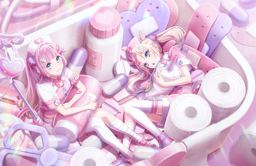 2girls :3 anyoji_hime bandaged_leg bandages bandaid bandaid_hair_ornament blonde_hair blue_eyes blue_hair box breasts closed_mouth collared_shirt crossed_bandaids digital_thermometer fang first_aid_kit full_body game_cg gauze gradient_hair hair_ornament hat heart heart_hair_ornament highres in_box in_container link!_like!_love_live! looking_at_viewer love_live! medium_breasts mini_person minigirl miniskirt mira-cra_park! multicolored_hair multiple_girls non-web_source nurse nurse_cap official_alternate_costume official_art open_box osawa_rurino oversized_object pill pill_hair_ornament pink_hair pink_hat pink_shirt pink_shoes pink_skirt pink_theme purple_shoes scissors shirt shoes short_sleeves single_thighhigh skirt sneakers thermometer thighhighs twintails virtual_youtuber vital_sign_(love_live!) white_hat