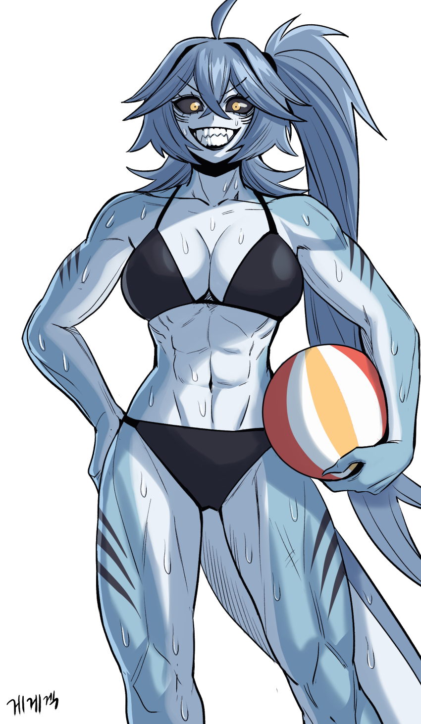1girl abs absurdres ahoge ball beachball bikini black_bikini black_sclera blue_hair blue_skin breasts cleavage collarbone colored_sclera colored_skin constricted_pupils crossed_bangs double-parted_bangs fins fish_tail gegegekman grin hair_between_eyes halterneck highres holding holding_ball holding_beachball large_breasts long_hair looking_at_viewer navel one_side_up original shark_girl shark_tail sharp_teeth signature simple_background smile solo standing swimsuit tail teeth toned toned_female v-shaped_eyebrows very_long_hair wet white_background yellow_eyes