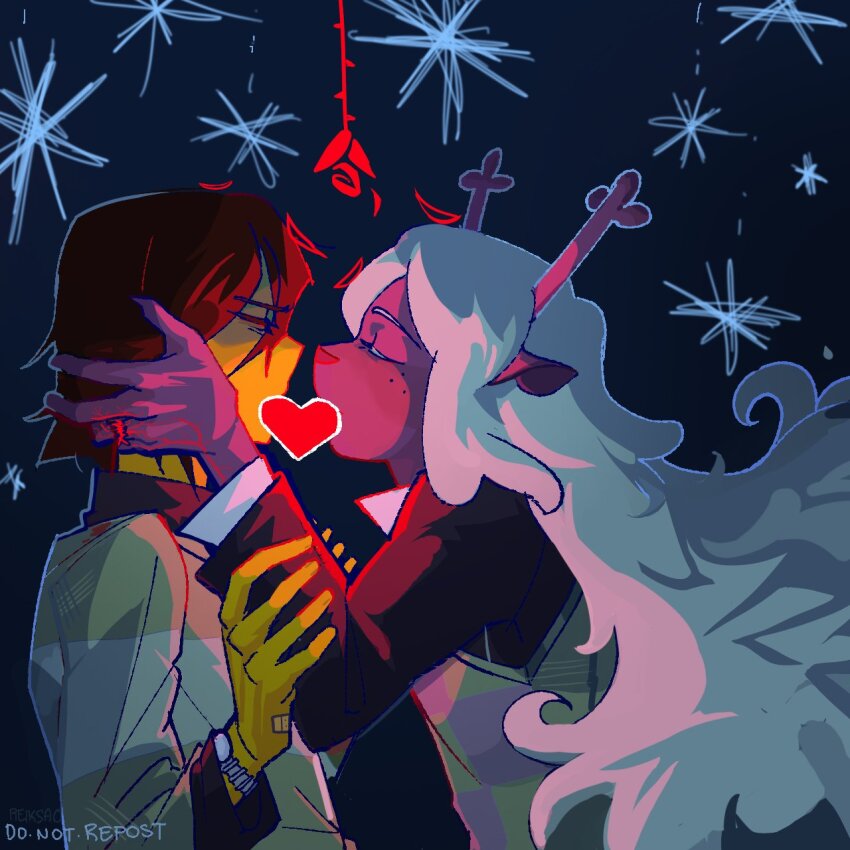 1girl 1other animal_ears antlers blood blood_on_clothes brown_hair colored_skin deer_antlers deer_ears deer_girl deltarune falling_petals flower furry furry_female green_sweater heart highres horns jewelry kiss kris_(deltarune) long_hair noelle_holiday petals red_flower red_rose reiksao ring rose short_hair simple_background snow soul_(deltarune) striped_clothes striped_sweater sweater watch weird_route_(deltarune) white_hair wristwatch yellow_skin
