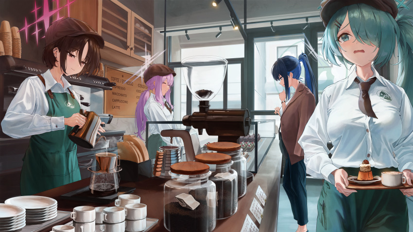 4girls absurdres apron arius_squad_(blue_archive) atsuko_(blue_archive) barista black_necktie blue_archive blue_eyes blue_hair bocchi_(kuropom7) bottle breasts brown_eyes brown_hair brown_hat cabinet cafe closed_eyes coffee coffee_beans coffee_grinder coffee_maker coffee_pot collared_shirt counter cup disposable_cup door dress_shirt food green_apron green_eyes green_hair hair_over_one_eye hat high_ponytail highres hiyori_(blue_archive) holding holding_kettle holding_tray indoors jacket jacket_on_shoulders kettle large_breasts long_hair looking_down low-tied_long_hair menu_board misaki_(blue_archive) multiple_girls necktie peaked_cap pink_hair plate ponytail revision saori_(blue_archive) shirt short_hair short_necktie sidelocks tray white_shirt window