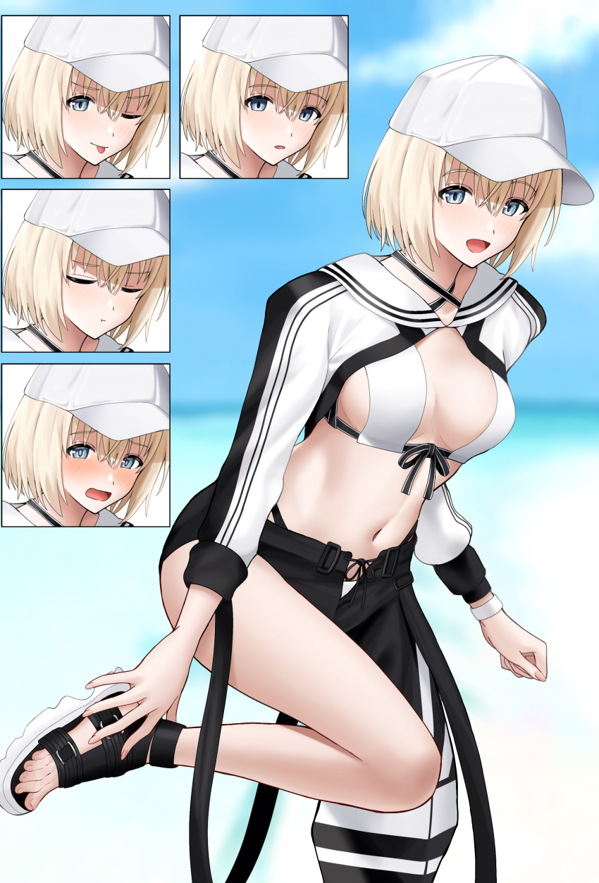 1girl absurdres artoria_caster_(fate) artoria_caster_(swimsuit)_(fate) artoria_caster_(swimsuit)_(fate)_(cosplay) artoria_caster_(swimsuit)_(first_ascension)_(fate) artoria_caster_(swimsuit_berserker)_(fate) artoria_caster_(swimsuit_berserker)_(first_ascension)_(fate) artoria_pendragon_(fate) asymmetrical_clothes azur_lane banba_(jakqbigone) baseball_cap bataan_(azur_lane) bikini cosplay fate/grand_order fate_(series) hat highres looking_at_viewer multiple_expressions sandals short_hair shrug_(clothing) single_pantsleg sports_sandals swimsuit