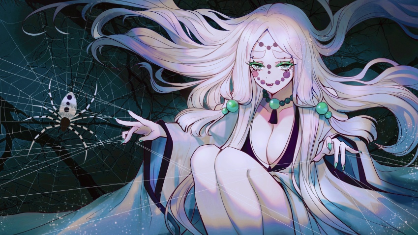 1girl absurdres arthropod_girl bare_shoulders bare_tree bead_necklace beads blunt_tresses breasts cleavage collarbone colored_eyelashes earrings facial_mark feet_out_of_frame fingernails floating_hair forehead_mark green_eyes green_nails hair_beads hair_ornament hands_up highres insect_girl japanese_clothes jewelry kimetsu_no_yaiba kimono knees_up large_breasts long_hair long_sleeves looking_at_viewer mother_spider_demon_(kimetsu_no_yaiba) nail_polish neck_tassel necklace shan_gui_yu_yao sharp_fingernails silk sitting solo spider_girl spider_web tears tree very_long_hair white_hair wide_sleeves