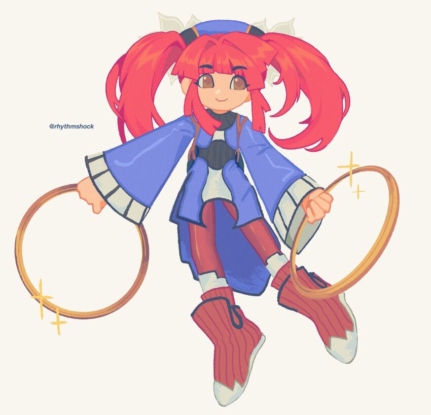 1girl blue_jacket blue_skirt blunt_bangs brown_eyes brown_pantyhose chakram cropped_jacket dewprism dual_wielding full_body highres holding holding_weapon jacket looking_to_the_side mint_(dewprism) pantyhose red_hair sidelocks skirt sleeves_past_wrists smile solo twintails weapon wide_sleeves zest_(rhythmshock)