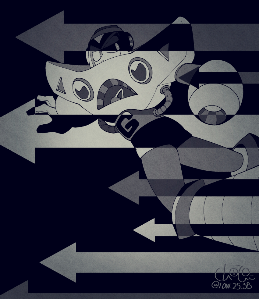 1boy arm_cannon armor arrow_(symbol) artist_name black_background boots breastplate closed_mouth commentary_request feet_out_of_frame floating full_body gloves gravity_man greyscale helmet highres humanoid_robot industrial_pipe knee_boots limited_palette looking_to_the_side male_focus mega_man_(classic) mega_man_(series) mega_man_5 monochrome robot robot_ears shade simple_background solo twitter_username weapon white_gloves yamada_piiyangu