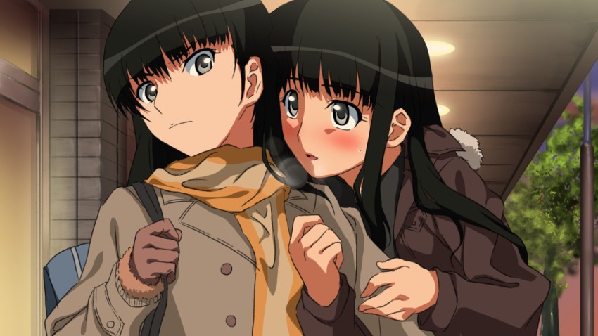 2girls amagami arm_grab arm_hug ayatsuji_tsukasa ayatsuji_yukari blush incest jacket multiple_girls sanshita scarf siblings sisters yuri
