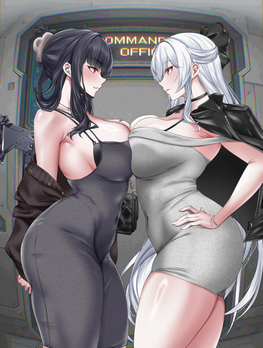 absurdres bag beatheart black_choker black_dress black_hair breast_press breasts choker cinderella_(nikke) commentary_request curvy d_(killer_wife)_(nikke) d_(nikke) dress face-to-face goddess_of_victory:_nikke grey_dress handbag hands_on_own_hips highres large_breasts long_hair looking_at_another red_eyes symmetrical_docking taut_clothes taut_dress very_long_hair white_hair