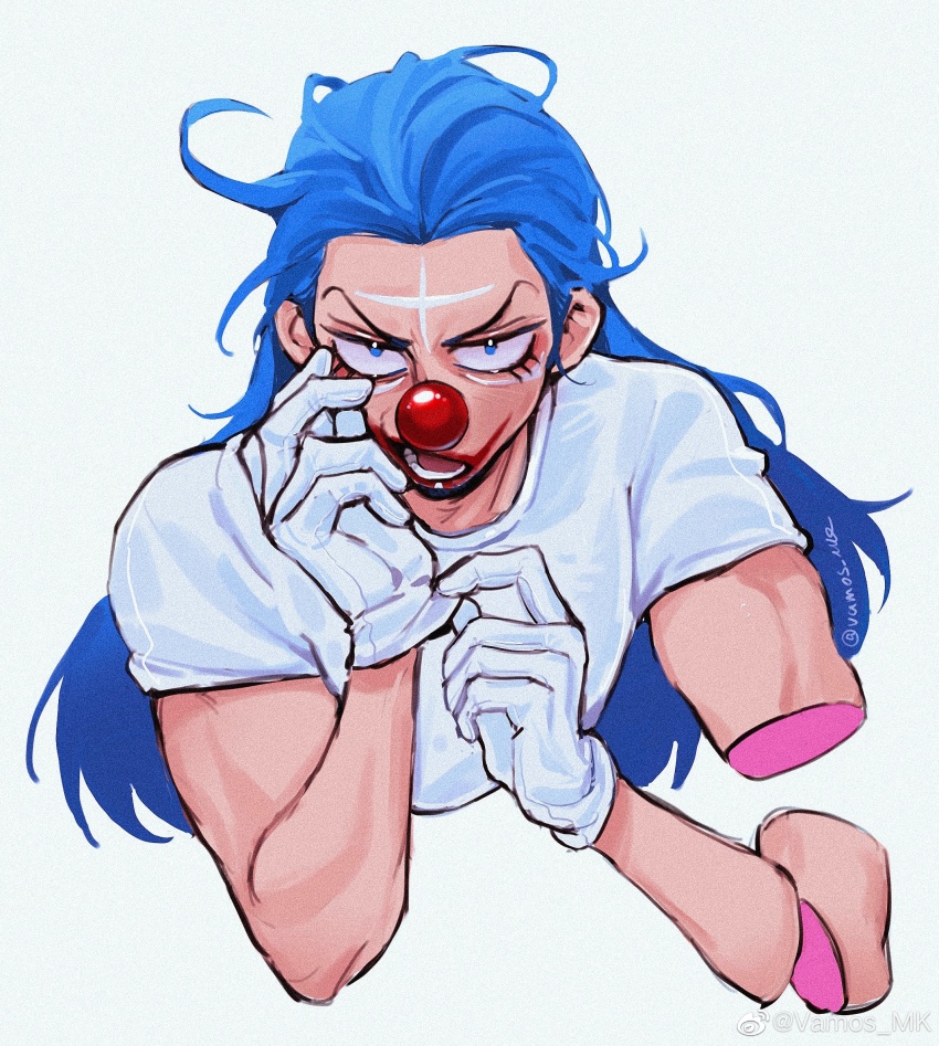 1boy blue_eyes blue_hair buggy_the_clown clown_nose cropped_torso eyelashes facepaint glove_pull gloves hair_down highres long_hair looking_at_viewer male_focus one_piece open_mouth short_sleeves simple_background solo teeth vamos_mk white_gloves