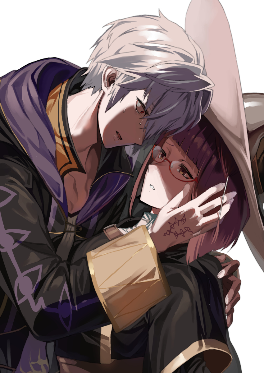 1boy 1girl absurdres diagonal_bangs fire_emblem fire_emblem_awakening glasses grey_hair hair_tubes hat highres male_robin_(fire_emblem) miriel_(fire_emblem) nintendo red-framed_eyewear red_hair tsujii_luki witch_hat