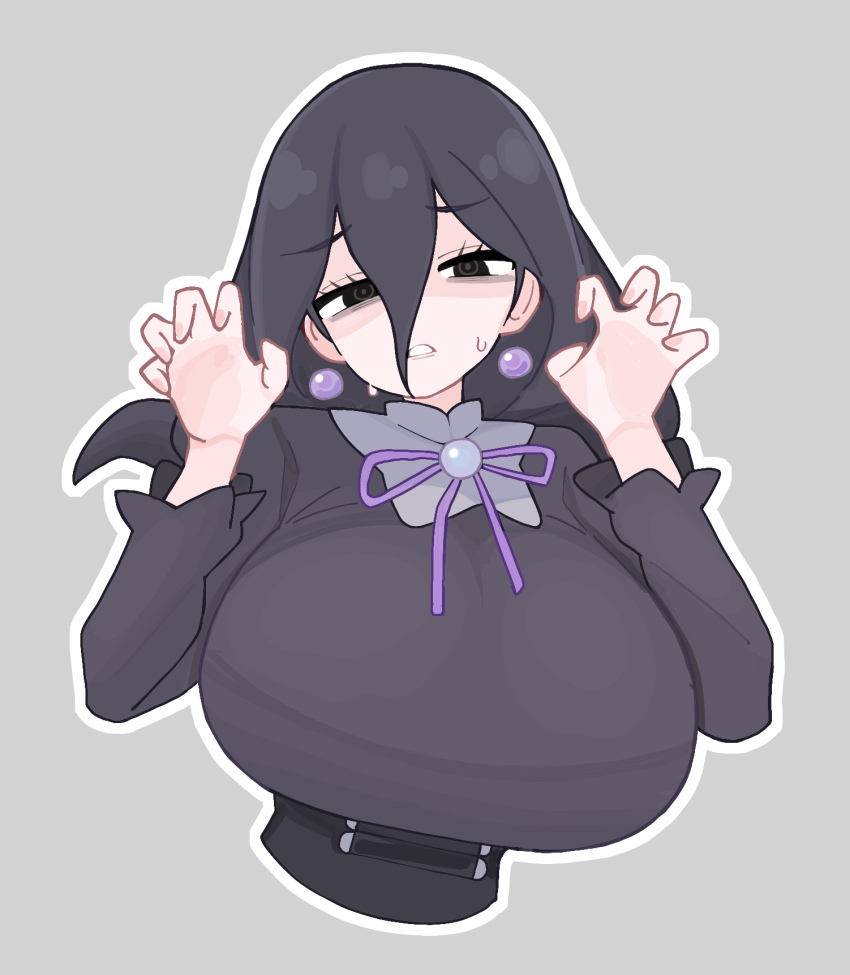 1girl @_@ ahoge bags_under_eyes black_eyes black_hair breasts dress earrings hair_between_eyes hands_up hex_maniac_(pokemon) hex_maniac_(pokemon_legends:_z-a) highres huge_breasts jewelry long_dress long_hair looking_at_viewer mature_female messy_hair mojyo nintendo open_hands pokemon pokemon_legends:_z-a purple_hair simple_background solo spacecrab upper_body very_long_hair