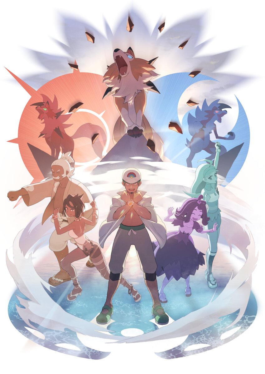 2boys 3girls absurdres acerola_(pokemon) anklet baseball_cap bead_necklace beads capri_pants dark-skinned_female dark-skinned_male dark_skin dress facial_hair gen_7_pokemon goatee green_footwear grey_pants hala_(pokemon) halter_shirt halterneck hat highres jacket jewelry kahili_(pokemon) professor_kukui lycanroc lycanroc_(dusk) lycanroc_(midday) lycanroc_(midnight) multiple_boys multiple_girls mustache necklace nintendo odd_(hin_yari) old old_man olivia_(pokemon) open_clothes open_jacket open_shirt pants pencil_skirt pokemon pokemon_(creature) pokemon_sm sandals skirt topknot visor_cap wind z-ring
