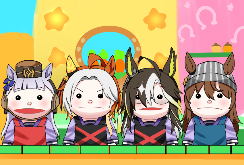 4girls absurdres apron aramori_susumu beanie black_apron blue_apron blunt_bangs bow dream_journey_(umamusume) ear_bow ear_covers ears_through_headwear glasses gold_ship_(umamusume) grey_hair hat highres looking_at_viewer multicolored_hair multiple_girls nakayama_festa_(umamusume) orange_hair orfevre_(umamusume) pakatube parody pillbox_hat puppet purple_bow purple_shirt red_apron sailor_collar sailor_shirt school_uniform shirt single_ear_cover streaked_hair tracen_school_uniform two-tone_hair umamusume white_hair