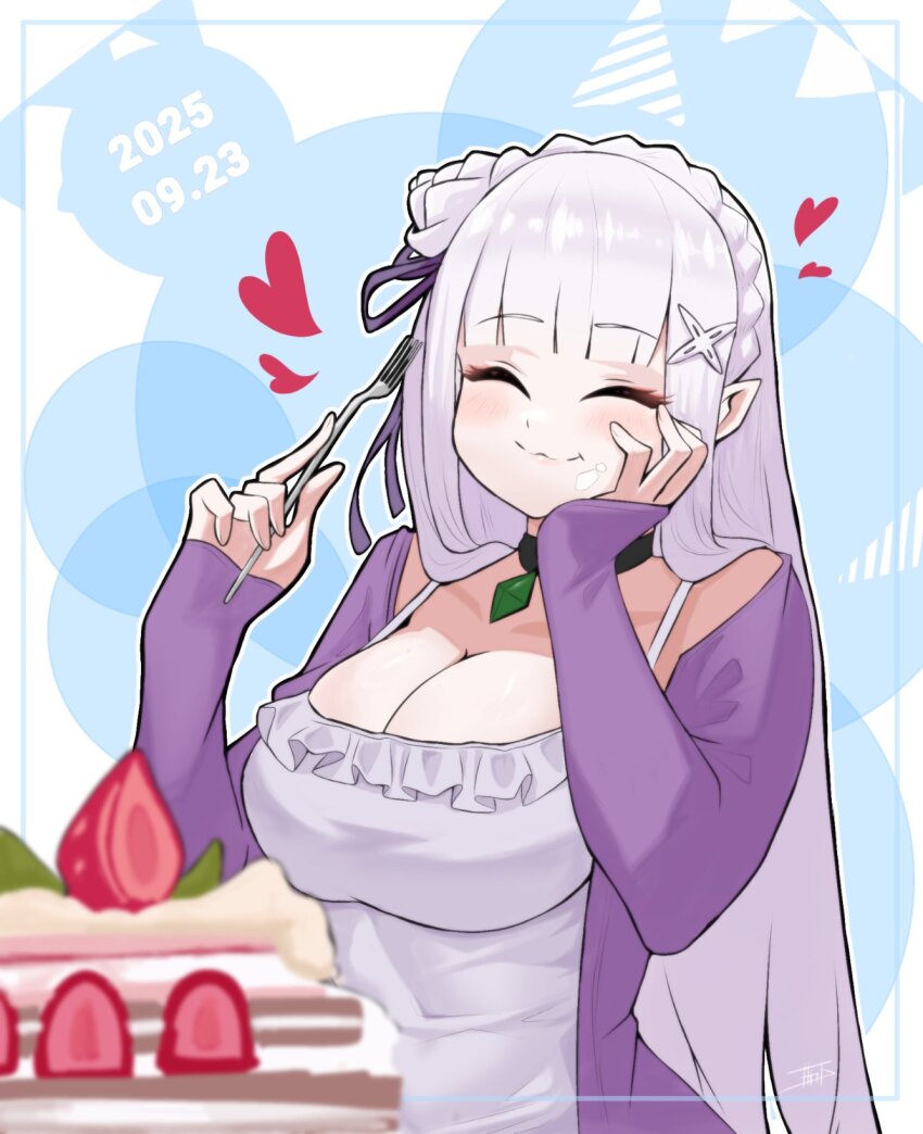 1girl black_choker blunt_bangs blurry blurry_foreground blush braid breasts cake cake_slice choker cleavage closed_eyes closed_mouth crown_braid dated eating emilia_(re:zero) flower food food_on_face foodgasm fork fruit gem hair_flower hair_ornament hair_ribbon hand_on_own_cheek hand_on_own_face happy happy_birthday heart highres holding holding_fork large_breasts long_hair miarin141 pointy_ears purple_ribbon re:zero_kara_hajimeru_isekai_seikatsu ribbon smile solo strawberry strawberry_shortcake upper_body white_flower white_hair x_hair_ornament