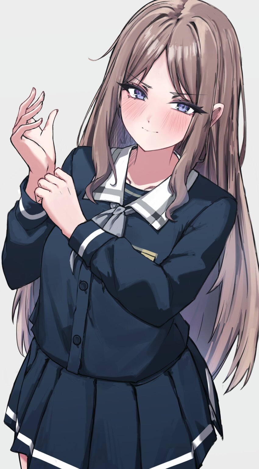 1girl absurdres adjusting_sleeves bang_dream! bang_dream!_it&#039;s_mygo!!!!! black_serafuku black_shirt black_skirt blush brown_hair buttons closed_mouth commentary cowboy_shot grey_background grey_neckerchief hand_on_own_wrist highres long_hair long_sleeves looking_at_viewer nagasaki_soyo neckerchief parted_bangs pleated_skirt school_uniform serafuku shirt sidelocks simple_background skirt solo standing tobildesu