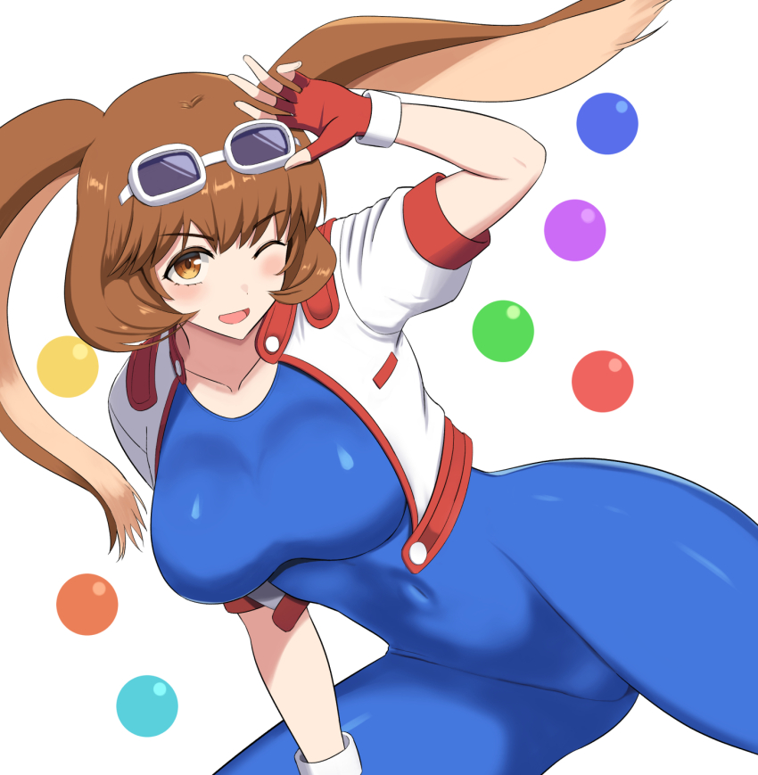 1girl animal_ears blue_bodysuit blue_unitard bodysuit breasts brown_eyes brown_hair cleavage covered_navel curvy fingerless_gloves gloves goggles goggles_on_head highres jacket kneeling large_breasts makihara_arina mayomaru1 rabbit_ears skin_tight smile solo waku_waku_7 white_background