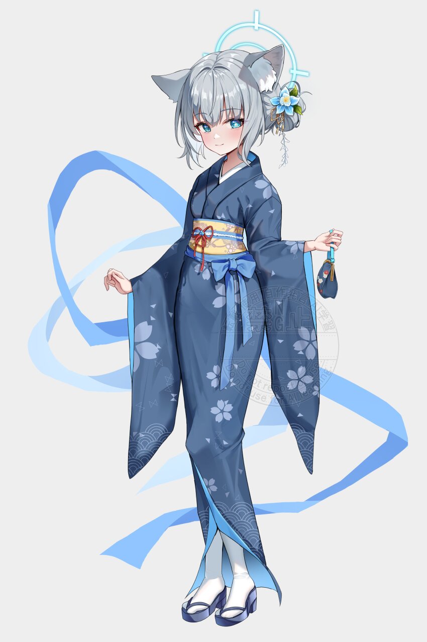 1girl absurdres animal_ears blue_archive blue_archive_the_animation blue_eyes blue_kimono blush cross cross_hair_ornament extra_ears floral_print grey_hair hair_ornament halo highres inverted_cross japanese_clothes kimono li_se looking_at_viewer medium_hair mismatched_pupils obi print_kimono sash shiroko_(blue_archive) solo wide_sleeves wolf_ears wolf_girl