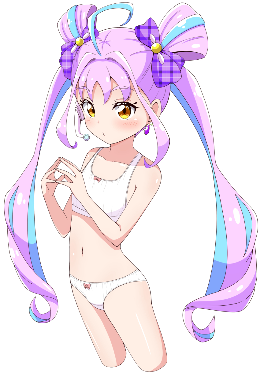1girl ahoge aikawa_ryou blue_hair bow bow_bra bow_panties bra closed_mouth commentary_request cropped_legs cure_kyunkyun earrings highres jewelry kimi_to_idol_precure looking_at_viewer multicolored_hair paid_reward_available panties precure purple_hair shigure_kokoro simple_background solo steepled_fingers streaked_hair twintails underwear underwear_only variant_set white_background white_bra white_panties yellow_eyes