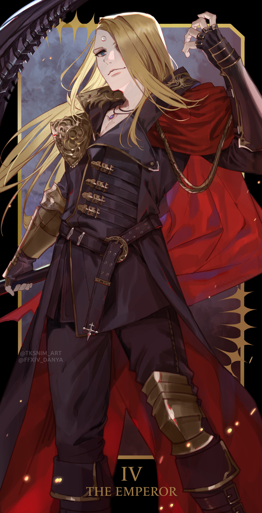 1boy absurdres arm_up armor asymmetrical_clothes belt black_boots black_coat black_pants blonde_hair blue_eyes boots border cape coat curled_fingers final_fantasy final_fantasy_xiv fingerless_gloves from_below garlean gloves gold_trim highres holding holding_scythe knee_armor looking_at_viewer male_focus multiple_belts mystical_high_collar pants red_cape scythe shoulder_armor side_cape smirk solo standing third_eye tk_(tksnim) zenos_yae_galvus
