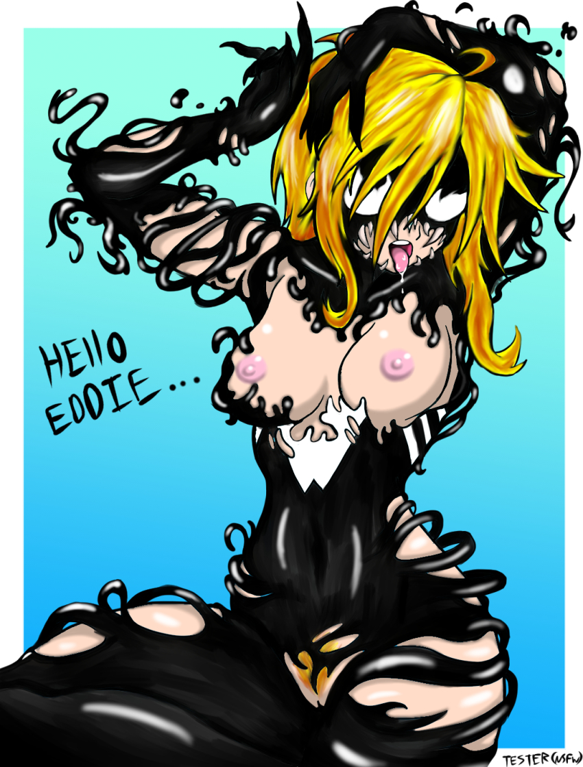 ahegao armpits arms_up blonde_hair claws cpt.tester_works highres marvel monster_girl possessed possession pubic_hair she-venom slime teeth venom_(marvel)