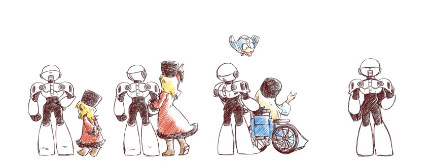 1boy 1girl age_progression artist_request beat_(mega_man) blonde_hair coat death fur_coat fur_hat hat highres kalinka_cossack_(mega_man) locked_arms long_hair md5_mismatch mega_man_(classic) mega_man_(series) mega_man_4 non-humanoid_robot resized resolution_mismatch robot robot_animal simple_background skull_man source_smaller upscaled wheelchair white_background