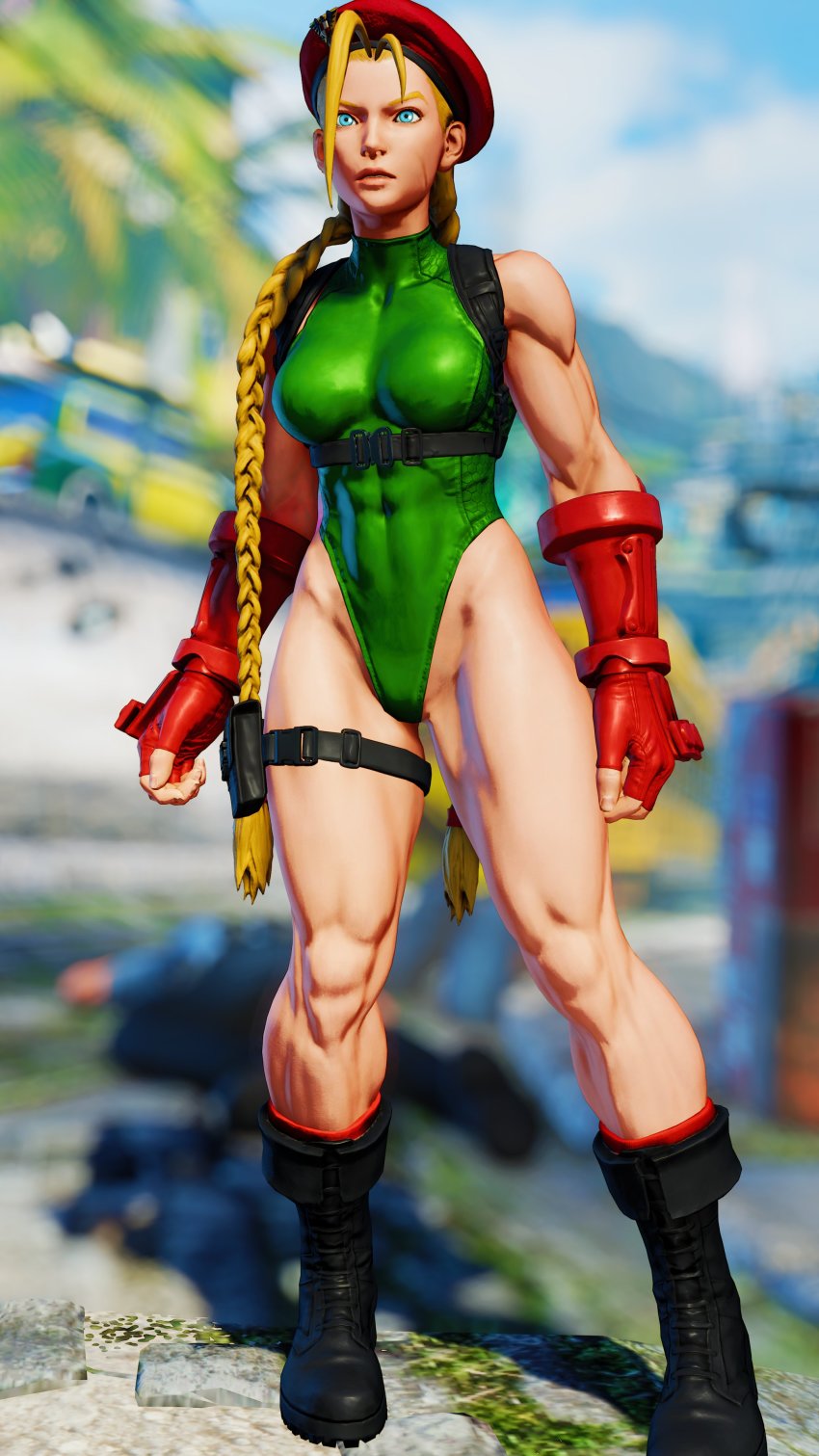 1girl 3d absurdres antenna_hair bare_shoulders blonde_hair blue_eyes braid breasts cammy_white clenched_hand covered_navel curvy full_body gloves green_leotard hat highleg highleg_leotard highres leotard lips long_hair looking_away medium_breasts red_gloves red_hat ryona screencap shiny_clothes sky solo street_fighter street_fighter_v thighs third-party_edit thong_leotard twin_braids very_long_hair wide_hips
