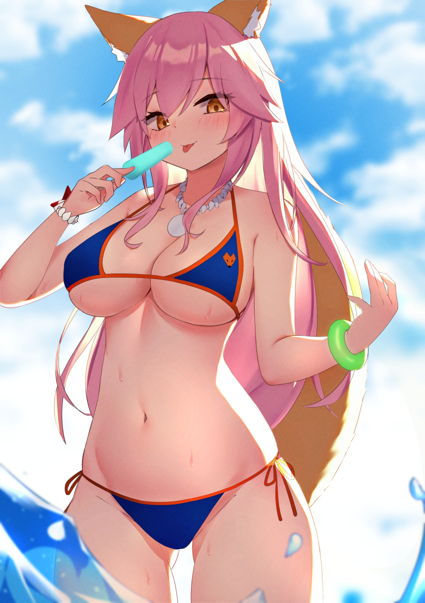 1girl absurdres animal_ear_fluff animal_ears bare_shoulders bikini blue_bikini blue_sky blush bracelet breasts cleavage collarbone duplicate fate/grand_order fate_(series) food fox_ears fox_girl fox_tail halterneck highres jewelry large_breasts long_hair looking_at_viewer navel necklace pink_hair popsicle ru_yan side-tie_bikini_bottom sidelocks sky smile solo string_bikini swimsuit tail tamamo_(fate) tamamo_no_mae_(fate/extra) tamamo_no_mae_(swimsuit_lancer)_(fate) thighs underboob yellow_eyes