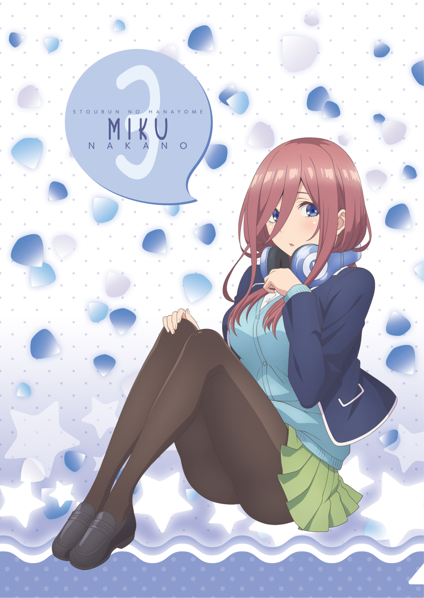 1girl absurdres ass black_pantyhose black_shoes blazer blue_eyes blue_jacket blue_sweater blush breasts brown_hair collared_shirt dot_nose english_text female_focus full_body go-toubun_no_hanayome green_skirt hair_over_one_eye hair_ribbon hand_on_own_knee headphones headphones_around_neck highres jacket large_breasts legs long_hair long_sleeves looking_at_viewer looking_to_the_side miniskirt nakano_miku official_art open_mouth pantyhose pleated_skirt ribbon school_uniform shirt shirt_under_sweater shoes sitting skirt solo solo_focus sweater thighs white_shirt