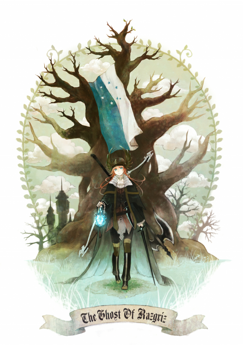 1girl ace_combat ace_combat_5 aqua_eyes axe blue_fire bow_(weapon) cloak cloud dagger demon_of_razgriz english_text female_focus fire grass helmet highres knife lantern long_hair osean_flag pantyhose red_hair solo sunka sword tower tree weapon