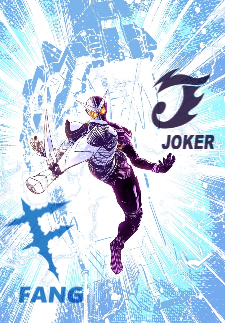 1boy armor black_armor black_footwear blade blue_background colorized dinosaur rider_belt fang_memory finishing_move fuuto_tantei gaia_memory glowing glowing_eye highres kamen_rider kamen_rider_double kamen_rider_double_(fangjoker) kamen_rider_w kicking incoming_kick leg_up official_art orange_eyes rider_belt rider_kick sato_masaki_(masayakofu) sharp_teeth teeth white_armor white_footwear