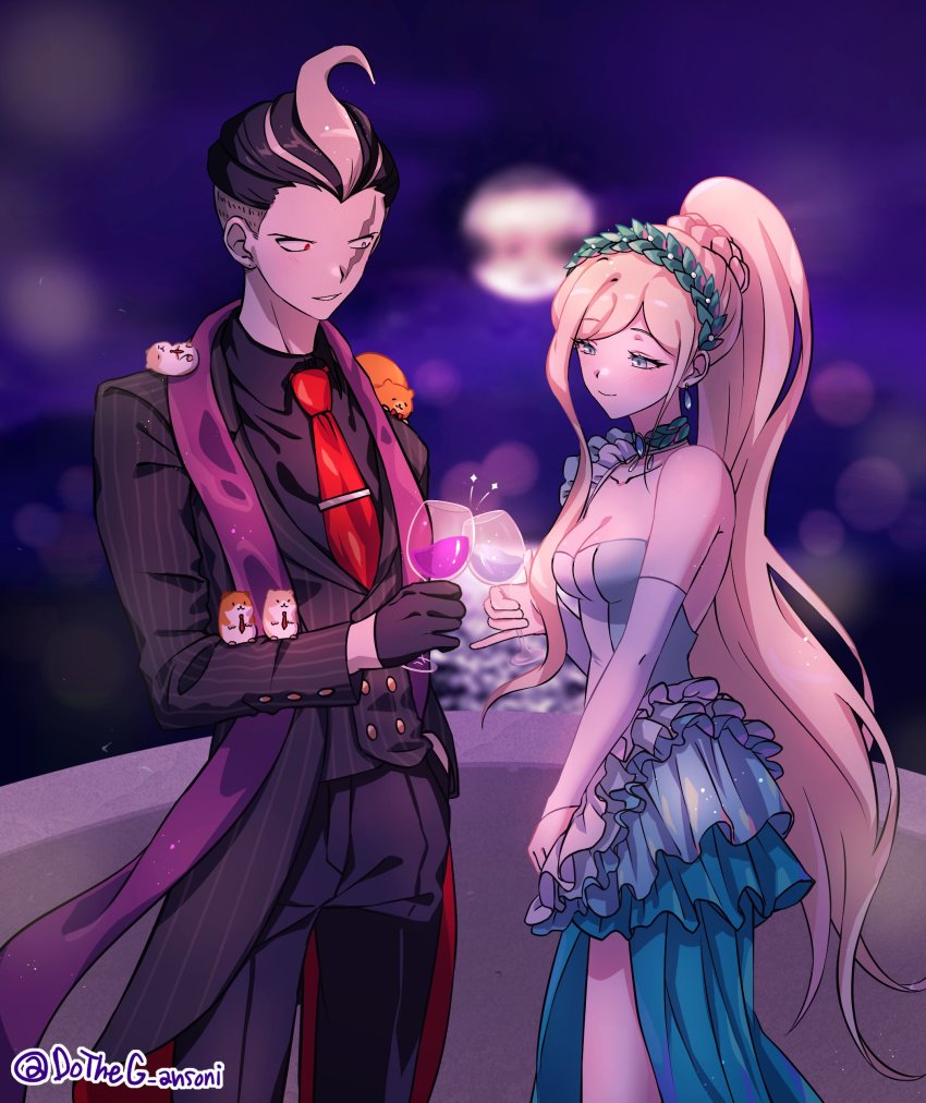 1boy 1girl absurdres animal animal_on_shoulder black_hair black_jacket black_pants blonde_hair blurry blurry_background breasts cham-p cleavage cup danganronpa_(series) danganronpa_10th_anniversary_costume danganronpa_2:_goodbye_despair dress drinking_glass dudeoji_(dotheg_ansoni) grey_eyes grey_hair hamster heterochromia highres holding holding_cup jacket jum-p long_hair maga-g medium_breasts moon multicolored_hair necktie night official_alternate_costume outdoors pants parted_lips ponytail red_eyes red_necktie scarf short_hair sonia_nevermind striped_clothes striped_jacket sun-d tanaka_gundham teeth tie_clip wine_glass