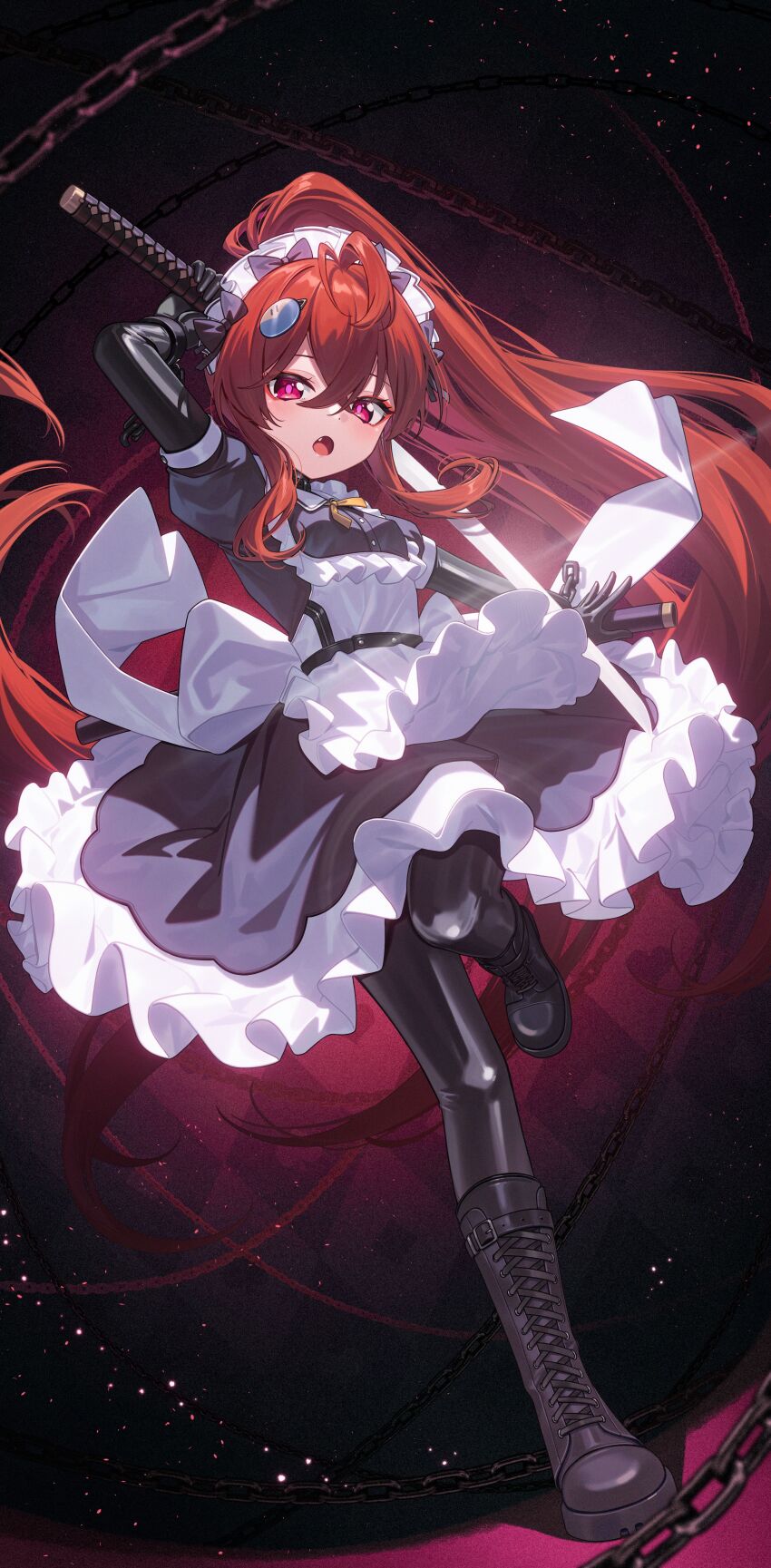 1girl absurdres apron black_boots black_dress blush bodystocking boots breasts chain collared_dress crossed_bangs dango_(dango_remi) dango_remi dot_nose dress eyeliner fang floating_hair frilled_dress frills hair_between_eyes hair_ornament high_ponytail highres holding holding_sheath holding_sword holding_weapon katana lace-up_boots long_hair looking_at_viewer maid maid_apron maid_headdress makeup open_mouth original ponytail puffy_short_sleeves puffy_sleeves purple_eyes red_eyeliner red_hair sheath short_sleeves skin_tight small_breasts solo standing standing_on_one_leg sword very_long_hair weapon white_apron