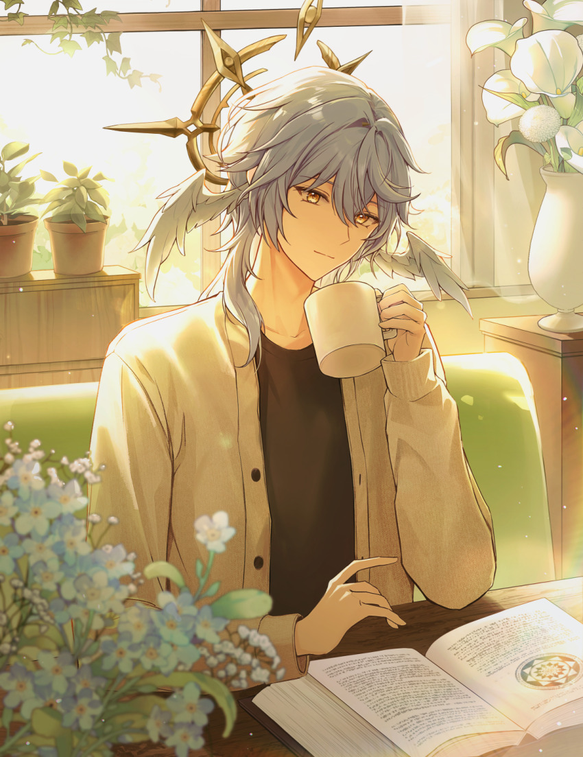1boy alternate_costume black_shirt book brown_cardigan cardigan closed_mouth coffee_mug commentary cup elbow_rest facing_viewer feathered_wings flower grey_hair hair_between_eyes halo halo_behind_head head_wings heeri highres holding holding_cup honkai:_star_rail honkai_(series) indoors long_sleeves male_focus medium_hair mug open_book open_cardigan open_clothes plant potted_plant reading shirt sitting solo spiked_halo sunday_(honkai:_star_rail) sunlight table vase white_wings window wings yellow_eyes