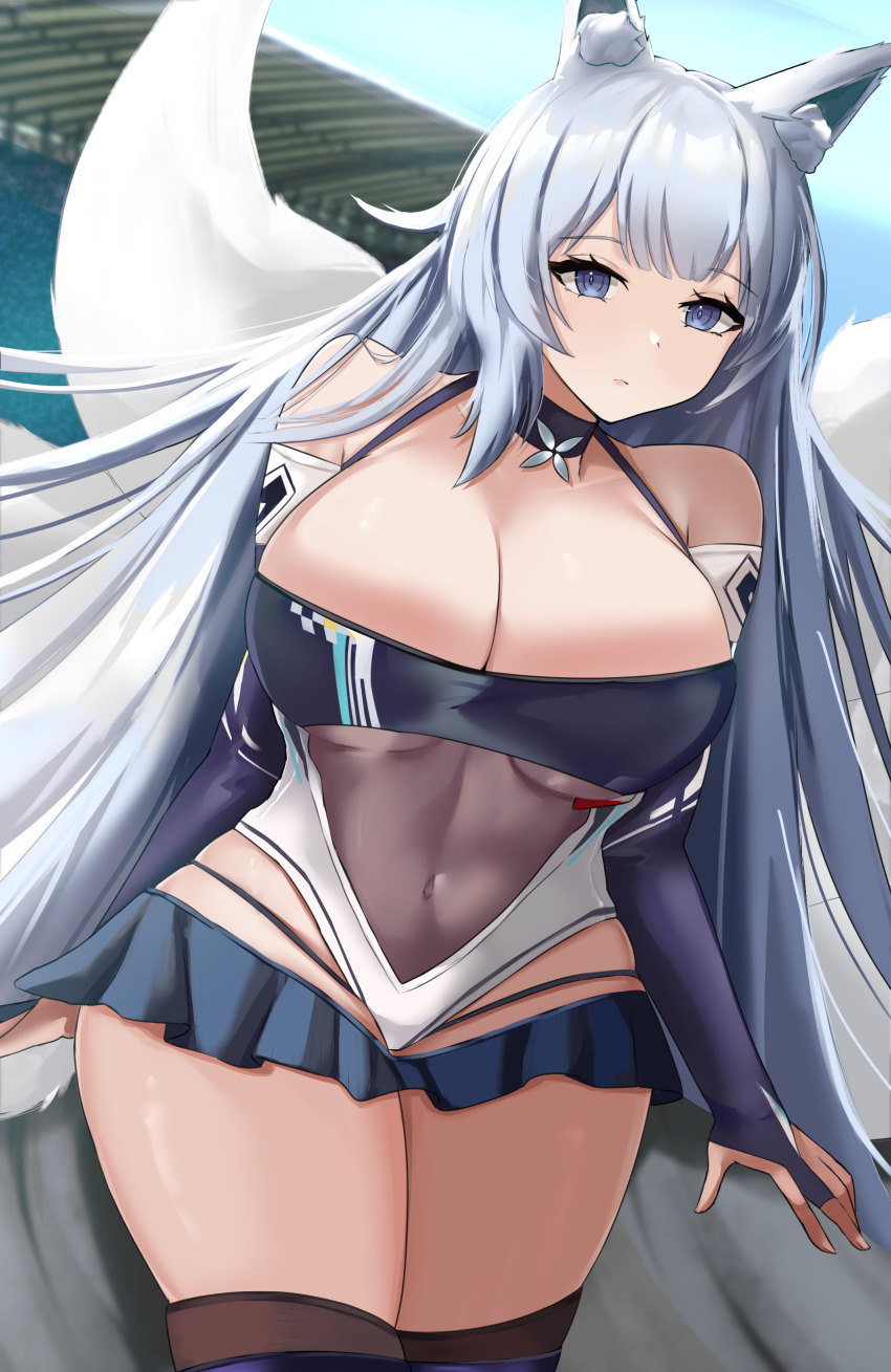 1girl absurdres akuaka animal_ear_fluff animal_ears azur_lane bare_shoulders blue_eyes breasts brown_thighhighs cleavage curvy fox_ears fox_girl fox_tail highres huge_breasts kitsune kyuubi large_tail long_hair looking_at_viewer microskirt multiple_tails official_alternate_costume panty_straps race_queen see-through_clothes shinano_(azur_lane) shinano_(moonlit_chrome)_(azur_lane) skirt solo tail thighhighs very_long_hair white_hair white_tail
