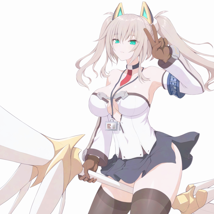 1girl armband asamura_hiori bare_shoulders blue_skirt breasts brown_gloves brown_thighhighs closed_mouth collarbone commentary_request detached_sleeves gloves green_eyes grey_hair hair_between_eyes hand_up highres holding lanyard large_breasts long_sleeves looking_at_viewer original pleated_skirt puffy_long_sleeves puffy_sleeves simple_background skirt solo thighhighs twintails v white_background white_sleeves