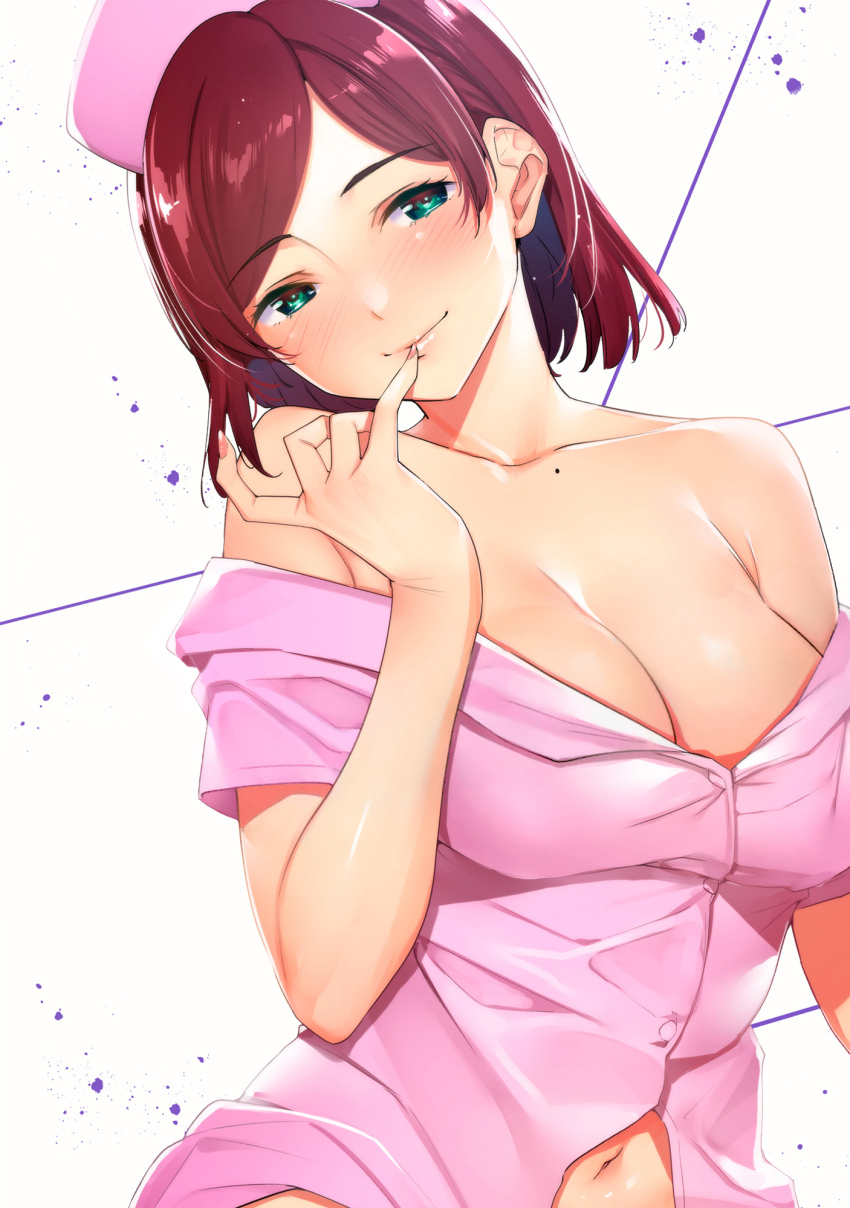 1girl blush breasts brown_hair cleaned cleavage collarbone comic_cover destiny_lovers finger_to_mouth green_eyes hat head_tilt highres medium_breasts miyashita_kanae mole mole_on_collarbone navel no_bra nurse_cap off_shoulder official_art paint_splatter pink_shirt pinky_out shirt short_hair simple_background smile solo swept_bangs third-party_edit third-party_source tomohiro_kai white_background