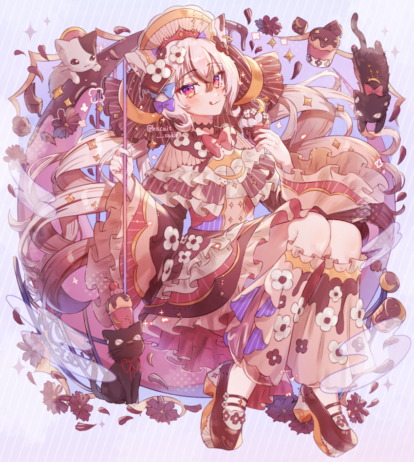 1girl :q animal_ear_piercing animal_ears blonde_hair blush brown_dress brown_leg_warmers brown_shoes cat cat_ears chocolate closed_mouth commentary cupcake dress earrings food frilled_dress frilled_leg_warmers frilled_sleeves frills full_body hair_between_eyes hands_up highres holding holding_food jewelry leg_warmers long_hair long_sleeves looking_at_viewer original red_eyes see-through_clothes see-through_legwear shoes single_earring solo symbol-only_commentary tongue tongue_out tsukumi_bis twintails twitter_username wide_sleeves