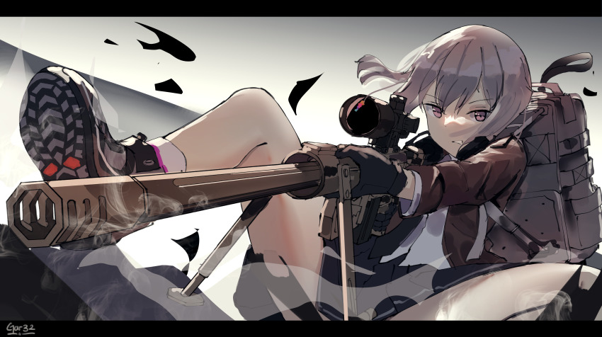 1girl absurdres backpack bag black_necktie blouse bolt_action cheytac_m200 gar32 girls&#039;_frontline gun highres letterboxed m200_(girls&#039;_frontline) necktie purple_eyes rifle scope shirt shoes signature silver_hair smoke sneakers sniper_rifle solo tagme weapon white_shirt