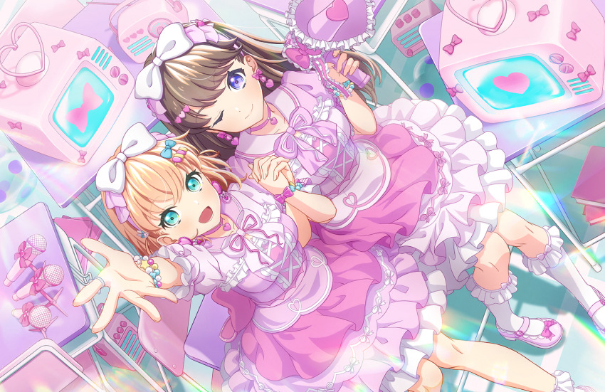 2girls :d ;) ankle_socks aqua_eyes bead_bracelet beads blue_bow bow bow_hairband bowtie bracelet breasts brown_hair chair choker collared_dress cross-laced_clothes cross-laced_dress crossed_bangs crt desk dress earrings feet_out_of_frame foreshortening frilled_dress frilled_socks frills from_above fujishima_megumi hair_bow hair_ornament hairband heart heart_choker heart_earrings heart_hair_ornament highres hinoshita_kaho holding holding_megaphone idol_clothes interlocked_fingers jewelry link!_like!_love_live! long_hair looking_at_viewer love_live! lower_teeth_only mary_janes medium_breasts medium_hair megaphone microphone multiple_girls official_art on_chair one_eye_closed open_mouth orange_hair pink_bow pink_bowtie pink_choker pink_dress pink_hairband pink_shoes pink_theme puffy_short_sleeves puffy_sleeves purple_eyes rabbit_hair_ornament radio reaching reaching_towards_viewer ring school_chair school_desk shoes short_sleeves sitting smile socks star_bracelet teeth television third-party_source too_many_bows white_bow white_socks