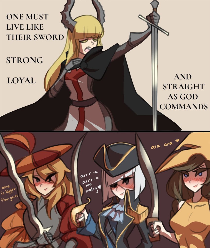 4girls arm_behind_back armor ascot bare_shoulders belt black_cape black_coat blonde_hair blue_eyes blunt_bangs blush breasts brown_hair cape centurii-chan coat commentary cross crusader_(centurii-chan) cutlass diagonal_bangs english_commentary english_text epaulettes eyepatch flamberge gauntlets hat helmet highres holding holding_sword holding_weapon hoplite hoplite_(centurii-chan) khopesh kopis landsknecht_(centurii-chan) long_hair long_sword medium_breasts medium_hair multiple_girls original pirate pirate_(centurii-chan) pirate_hat red_cape smile sword tricorne weapon white_hair yuri