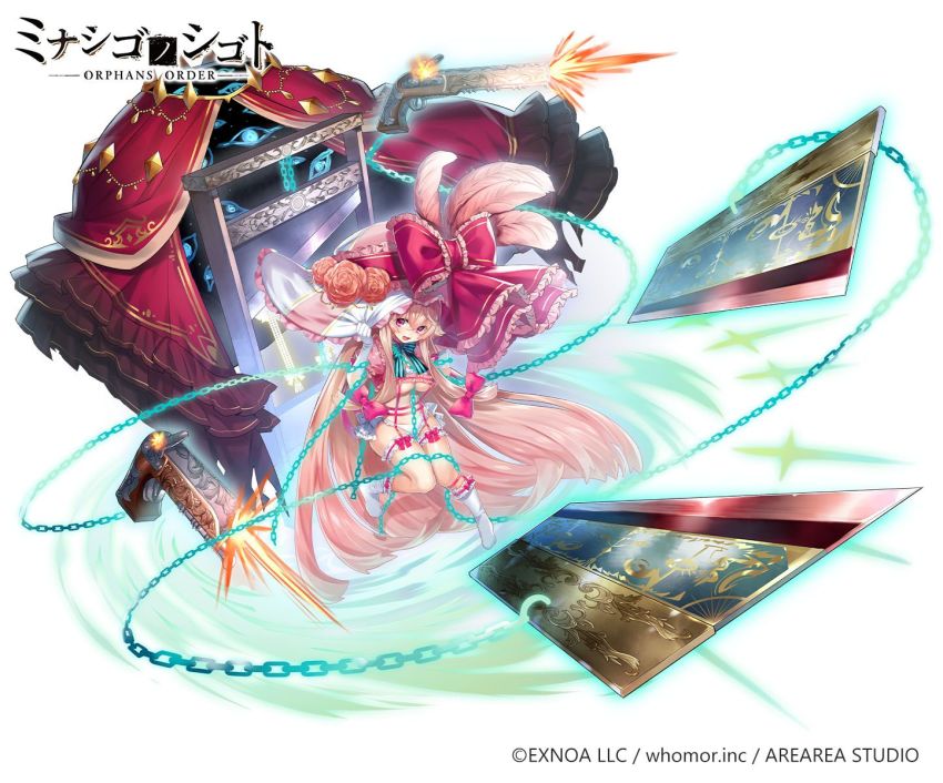 1girl :d bow breasts brown_hair chain cleavage copyright_notice feathers firing flower frilled_bow frilled_panties frilled_socks frills gun hair_between_eyes handgun hat hat_bow hat_feather highres long_hair looking_at_viewer medium_breasts official_art open_mouth orphans_order panties pink_feathers pistol red_bow red_eyes ryuuki_(hydrangea) simple_background smile socks solo underwear very_long_hair watermark weapon weapon_request white_background white_flower white_hat white_panties