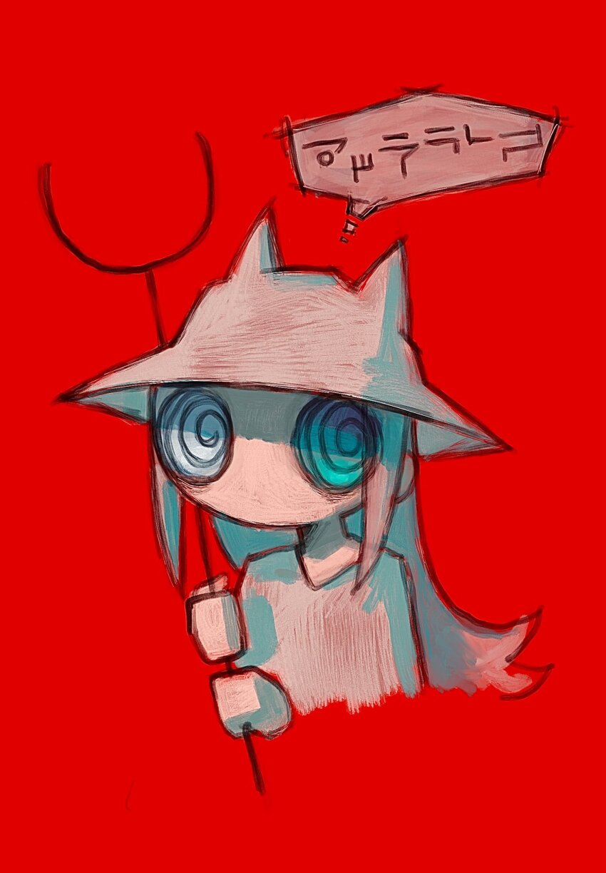 1girl @_@ animal_ears_helmet aqua_eyes canvas_texture cat_helmet colored_skin cropped_torso hat highres holding holding_staff leoleonardk10 looking_to_the_side no_mouth no_nose red_background red_theme shimeji_simulation shirt sketch solo speech_bubble staff the_gardener_(shimeji_simulation) thought_bubble upper_body white_hat white_shirt white_skin