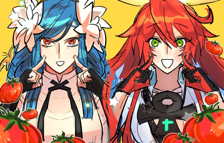 2girls ankh ankh_necklace ankh_print black_gloves blue_hair bodysuit braid braided_ponytail breasts dizzy_(guilty_gear) fingerless_gloves fingernail_gloves flower gloves green_eyes guilty_gear guilty_gear_strive hair_between_eyes hair_flower hair_ornament halo jack-o&#039;_valentine large_breasts long_hair looking_at_viewer low-braided_long_hair low-tied_long_hair mother_and_daughter multicolored_hair multiple_girls pamyeol_0w0 pointing_at_cheek queen_dizzy red_eyes red_hair sidelocks smile swept_bangs tomato two-tone_hair white_bodysuit white_flower white_hair yellow_background yellow_flower