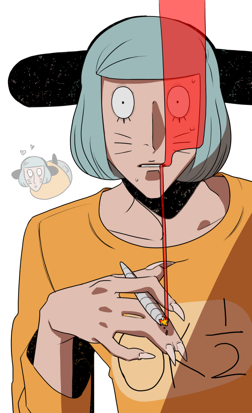 1boy absurdres animal_ears black_eyes blue_hair commentary_request facial_mark fake_animal_ears fingernails hand_up highres looking_at_viewer male_focus marijuana multiple_views nyon_(randal&#039;s_friends) parted_lips randal&#039;s_friends sharp_fingernails shirt short_hair simple_background smoke smoke_trail upper_body wanineko2001 whisker_markings white_background yellow_shirt