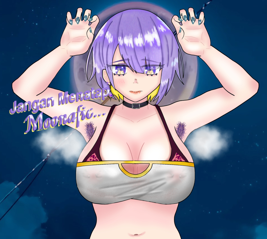 1girl alternate_hair_length alternate_hairstyle alternate_breast_size armpit_hair arms_up bikini bikini_under_clothes black_choker blush breasts choker claws closed_mouth earrings eddarxart eyebrows eyes_visible_through_hair fangs highres hololive hololive_indonesia indonesian_text jewelry large_breasts moon moona_hoshinova multicolored_hair nail_polish navel nipple_piercing covered_erect_nipples nose parted_bangs piercing purple_armpit_hair purple_eyes purple_hair short_hair solo solo_focus steaming_body straight-on strapless streamer streamers swimsuit text_focus tube_top two-tone_hair virtual_youtuber