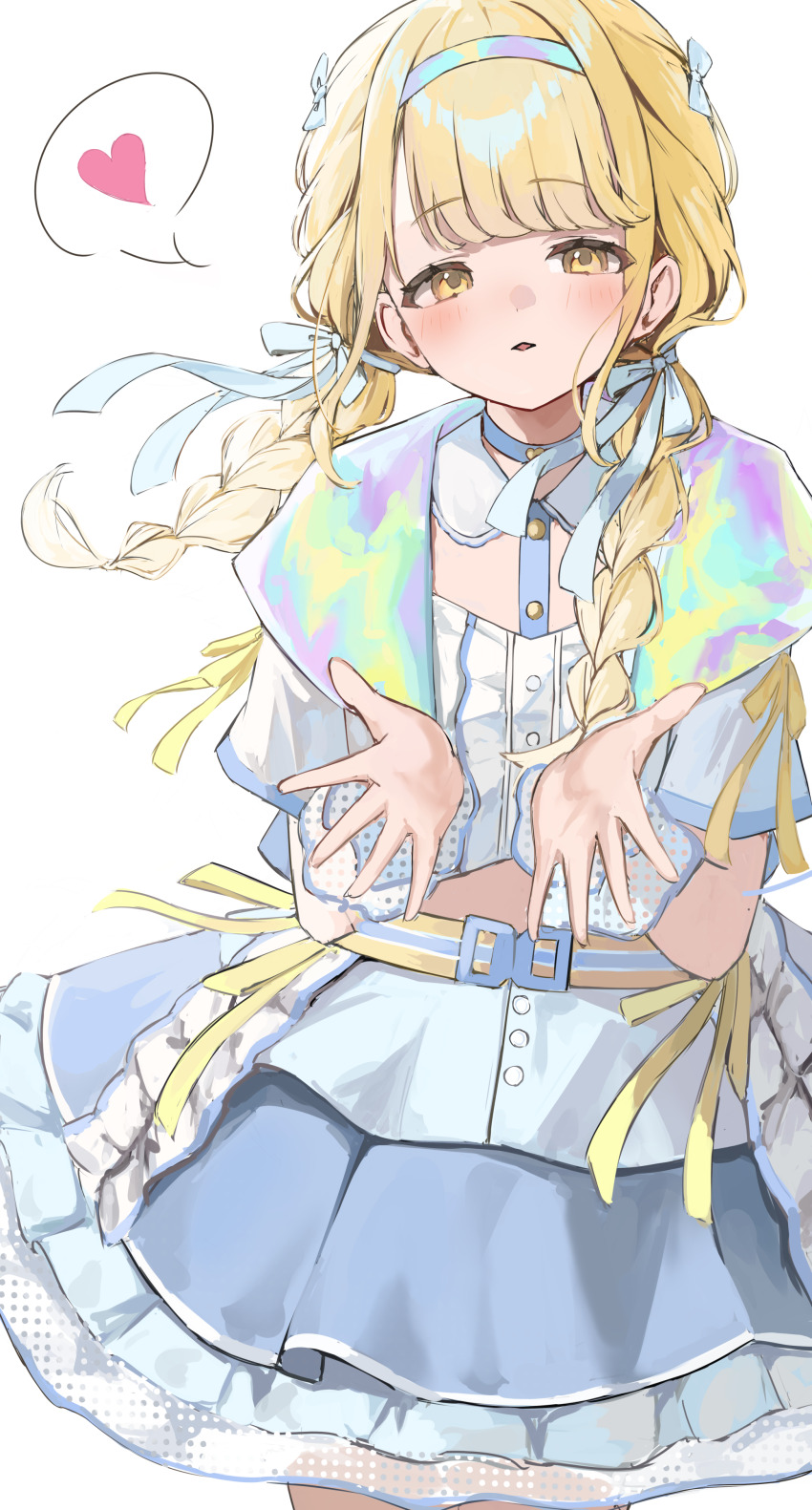 1girl absurdres blonde_hair blowing_kiss blush braid cropped_shirt fujita_kotone gakuen_idolmaster hair_ribbon heart highres idolmaster layered_skirt long_hair looking_at_viewer reflective_clothes ribbon sekaiichi_kawaii_watashi_(idolmaster) shiro_wa_(shiroshironix) simple_background skirt solo spoken_heart twin_braids white_background white_ribbon yellow_eyes